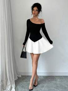 Chiquease 女士春秋款不对称肩部拼布短袖和长袖连衣裙 - 黑與白 - 查看 4