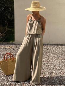 Livesso 2 件套女士纯色度假吊带背心和裤子套装 - 綠色 - 查看 8