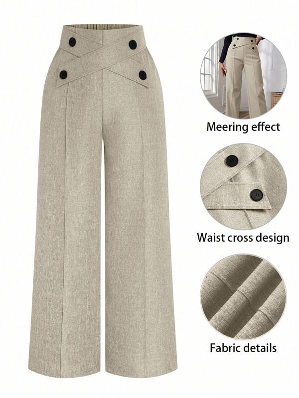 Calvaya Plus Size Women Waist Button Crossed Design Casual Straight Leg Pants