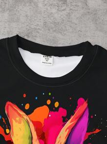 Young Boys' Fashionable Colorful Tie-Dye Rabbit Pattern Short Sleeve Round Neck T-Shirt, Casual Summer - Black - View 3