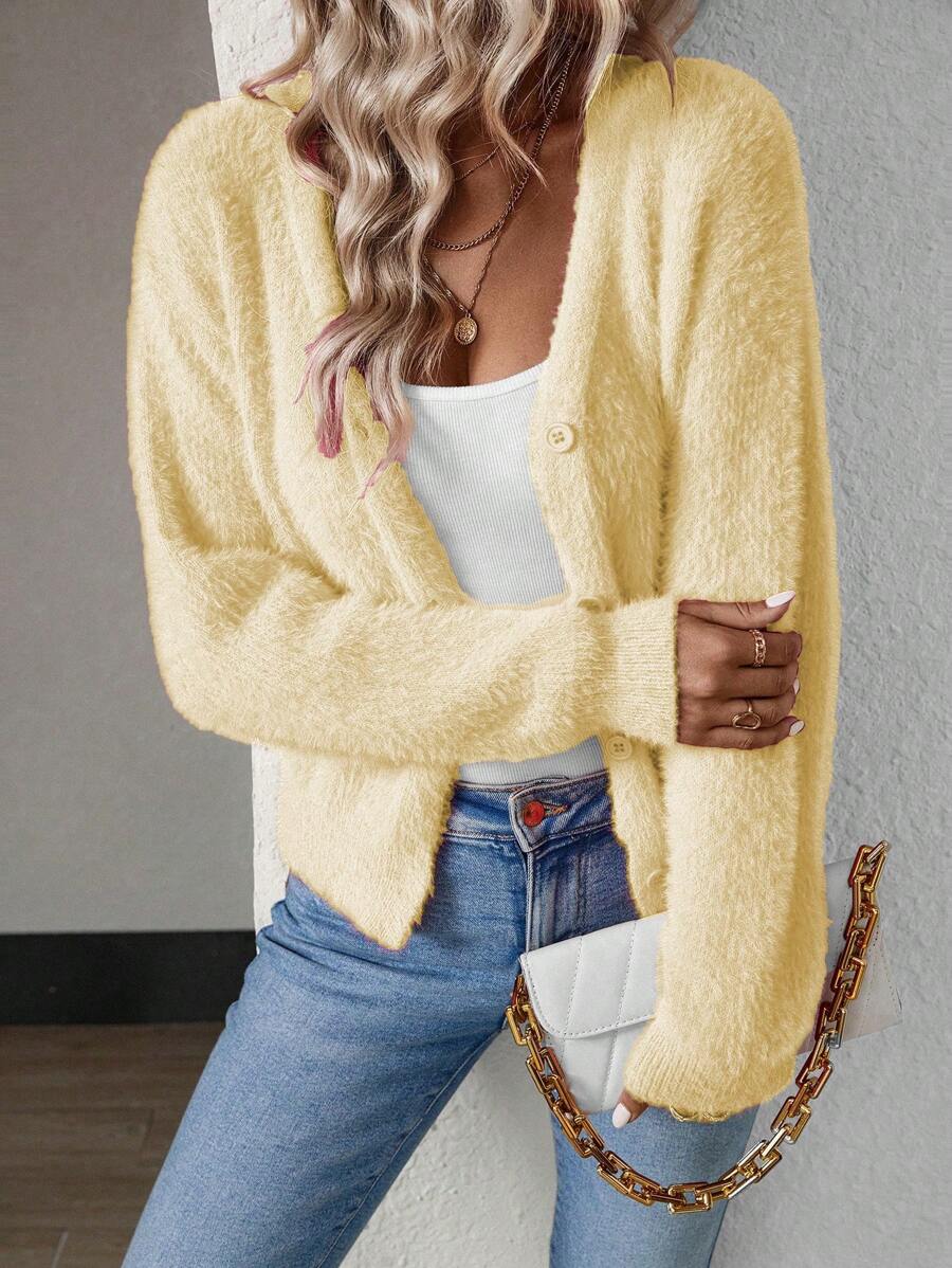 Calvaya Women's Solid Color Long Sleeve Single-Breasted Mink Hair Cropped Cardigan Fall Winter Cloth For Women - Yellow - View 1