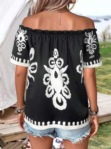 SHEIN LUNE Blusa bohemia de mujer de manga corta y hombros descubiertos con estampado retro, adecuada para festivales de música, primavera/verano - Negro - Ver 5