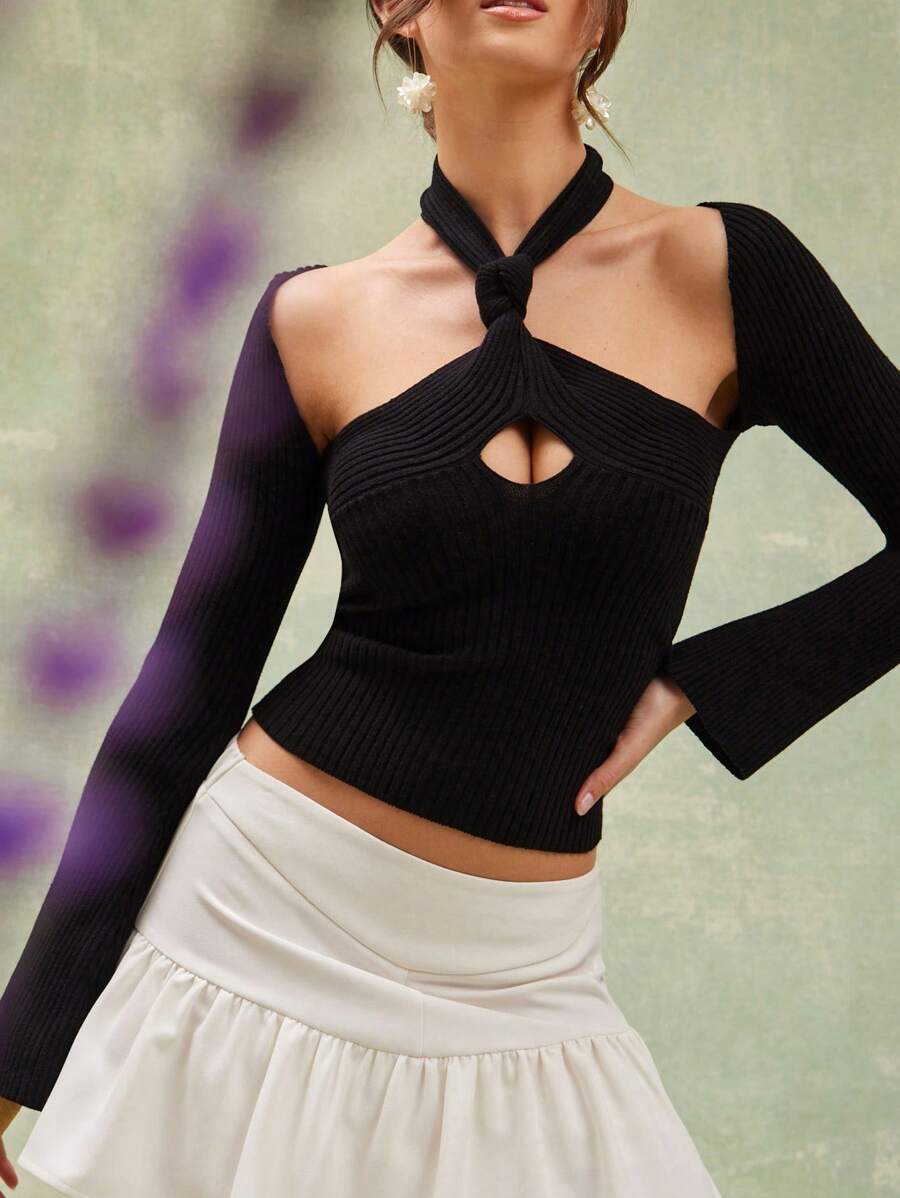 L'Amorae Fashionable Sexy Solid Color Hollow Out Tight Fitting Halter ...