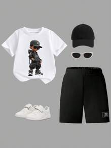 SHEIN 2pcs/Set Young Boy Casual Minimalist Pattern Fitted Casual Pants + T-Shirt Set, Suitable For Summer Summer Holiday