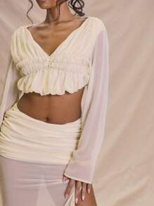 MUSERA Chiffon Ruched Draped Long Sleeve V Neck Cropped Top For Summer Vacation Bachlorette Hen Do Spring Holiday - Khaki - View 4