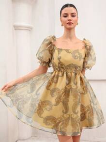 GENKIRA Yellow Summer Boho Paisley Organza Mini Dress For Women,Palace Style Sheer Puff Sleeve A-Line Vacation Dress,Crew Neck All Over Print Day Party Dress - Multicolor - View 5