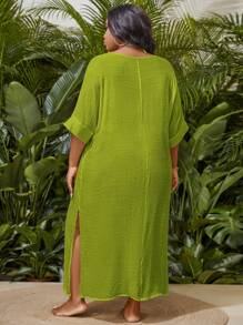 Slaydiva Plus Size Women Solid V-Neck Batwing Sleeve Loose Coverup Dress, Resort Wear For Summer Beach Vacation