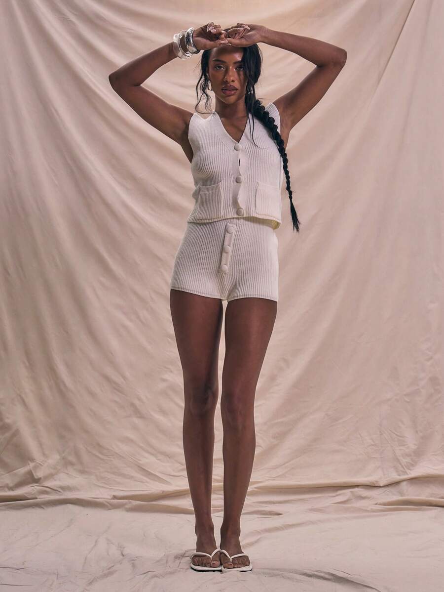 MUSERA Fitted Knitted Button Detail Shorts Bottoms Spring Summer Holiday Soft Serve Airport - Apricot - View 1