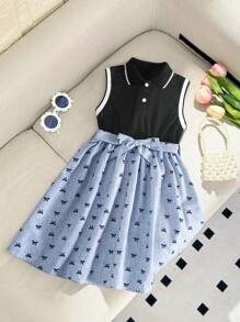 Abito elegante in stile college per ragazza adolescente, collo alla polo, senza maniche, vita alta, corto, con stampa farfalla, 2 in 1 - nero - Visualizzare 6
