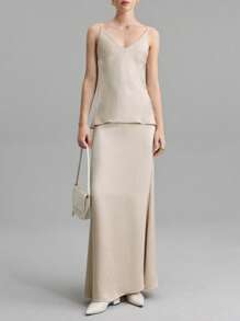 Ontre 2025 新款婚礼宾客优雅风格套装，杏色提花褶皱面料，吊带背心 + A 字裙，女士两件套服装，春夏 - 杏色 - 查看 3