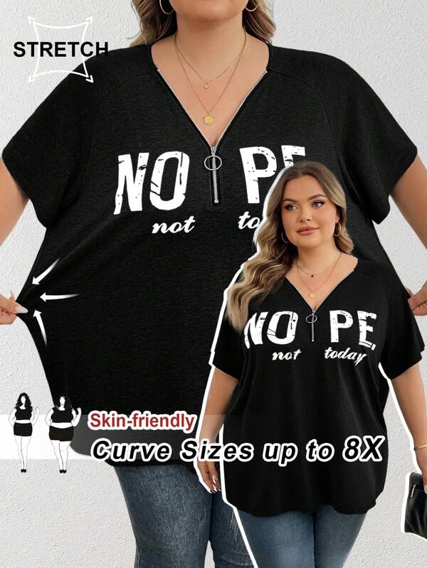 SHEIN CURVE+ Plus Size Grey Printed Letter V-Neck Short Sleeve T-Shirt With Half Zipper