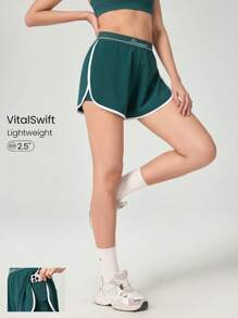 GLOWMODE Tennis Get In Motion Layered Side Slit Contrast Waistband Trim Shorts With Built-In Shorts Medium Impact Running Training Workout Gym - Dark Green - View 1