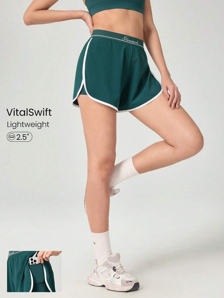 GLOWMODE Tennis Get In Motion Layered Side Slit Contrast Waistband Trim Shorts With Built-In Shorts Medium Impact Running Training Workout Gym - Dark Green - View 1