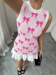 Elenzga Stylish Unique Sleeveless Bowknot Ruffle Hem Women Sweater Dress