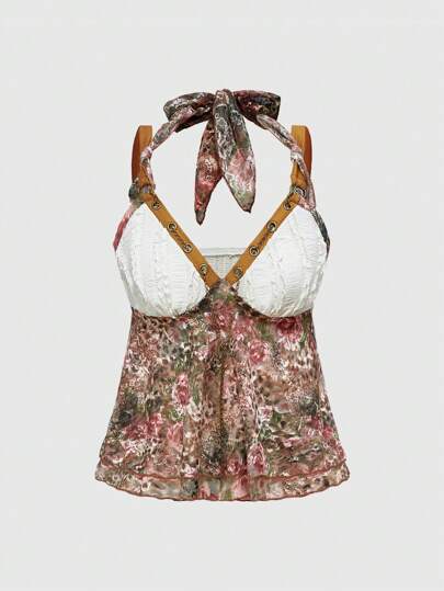 Hippie Accesorios de metal en forma de cruz, estilo Gyaru de resort Y2K Harajuku Baddie, y top sin mangas con parches de encaje y estampado de leopardo para mujeres