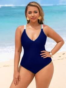 Swim SPRTY Costume intero da donna taglie forti, nero tinta unita, sexy e senza schiena, con cinturini colorati sulle spalle e bordo a forma di dente di squalo, elegante per le vacanze - Blu Navy - Visualizzare 4