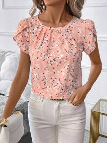 SHEIN Clasi Women's Casual Ditsy Floral Printed Short Sleeve Shirt For Vacation - Pink - View 5
