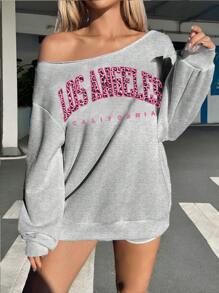 SHEIN EZwear Áo nỉ dài tay rộng rãi hở vai cỡ lớn dành cho nữ - Màu Xám nhạt - Xem 4