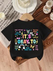 少女“没关系”彩虹蝴蝶、星星、雏菊、樱桃印花可爱黑色圆领短袖T恤 - 黑色 - 查看 6