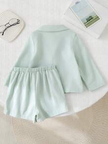 SHEIN 2pcs/Set Infant Boys/Girls Sage Green Summer Casual Long Sleeve Suit Jacket & Shorts Set,Gentleman Outfit,Wedding Guest,Christening,1st Birthday Party - Green - View 2