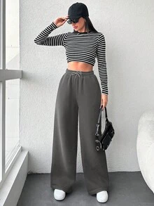 RueChic Cotton Ladies' Solid Color Drawstring Waist Wide-Legged Workout Pants - Grey - View 4