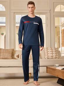 Manfinity Underwear&Sleepwear Basics Men's Long Sleeve Round Neck T-Shirt And Long Pants Pajama Set