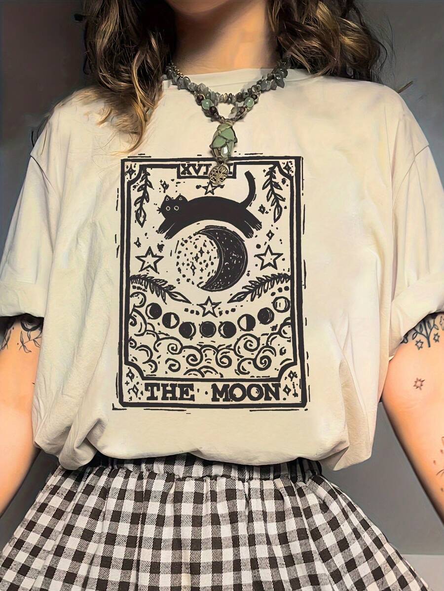 Flirla Round Neck Short Sleeved T-Shirt With Cat And Moon Print, Suitable For Spring And Summer - Apricot - View 1