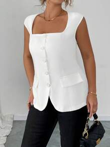 Elenzga Áo blazer/vest nữ cỡ lớn thanh lịch, cổ vuông, không tay, mỏng nhẹ, thích hợp cho lễ tốt nghiệp, tựu trường, hoặc dành cho giáo viên. - trắng - Xem 6