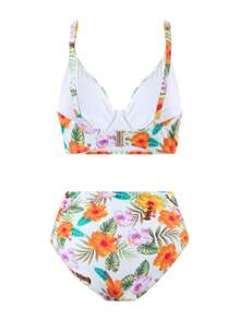 Swim DD+ 2pcs/Set Floral & Plant Random Print Steel Underwire Boost DD+ Plus Size Women's Bikini Set For Summer Beach Vacation - Multicolor - View 7