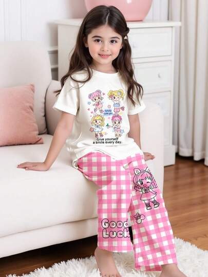 SHEIN Tween 女童休闲卡通女孩图案宽松圆领短袖 T 恤和阔腿裤睡衣套装，适合夏季