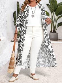 EMERY ROSE Áo khoác ngoài hở phía trước họa tiết hoa cỡ lớn cho nữ tay lỡ - Đen và trắng - Xem 7