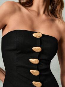 Poéselle Damen Zweiteiler, einzigartiges Knopfdetail Top und Rock Outfit, schwarze Sets für Partys, stilvolle Abendgarderobe, moderne Mode Koordination, Sommer Sets