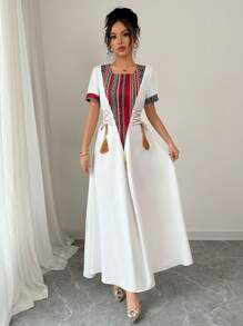 Rafferiza Gaun Midi A-Line Wanita Gaya Elegan dan Sederhana, Model Bohemian dengan Motif Patchwork Vintage Retro, Kerah Bulat, Ikat Pinggang Samping - MultiWarna - View 8