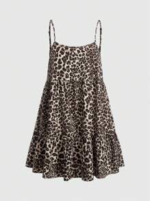 SHEIN EZwear Cute Holiday Leopard Print Backless Leopard Print Doll Mini Dress