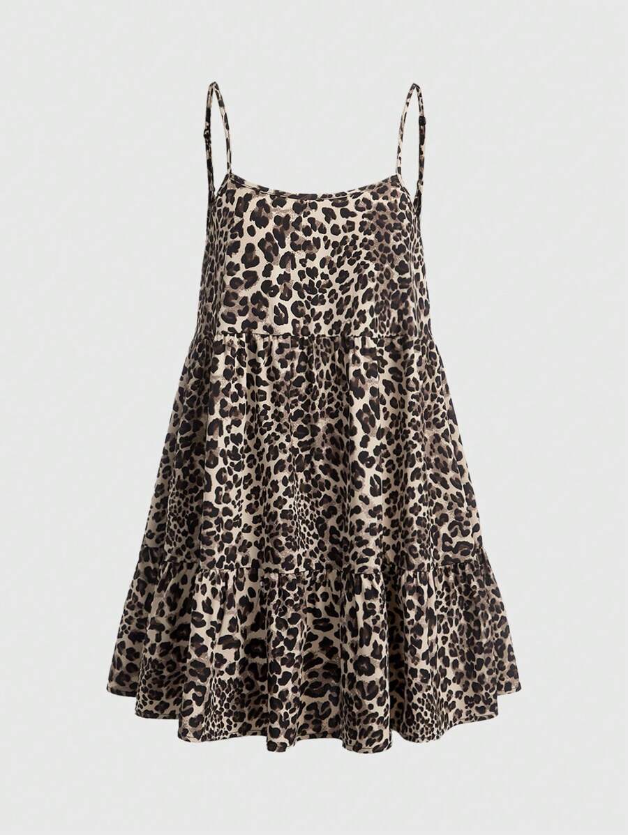 SHEIN EZwear Cute Holiday Leopard Print Backless Leopard Print Doll Mini Dress
