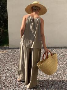 Livesso 2 件套女士纯色度假吊带背心和裤子套装 - 綠色 - 查看 2