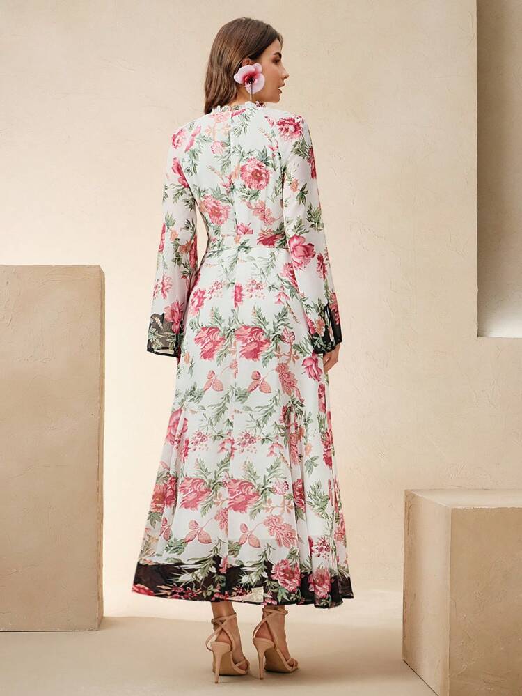 Spring, Elegant, Vacation, Beach, Casual, Floral Women Long Chiffon Printed Dress
