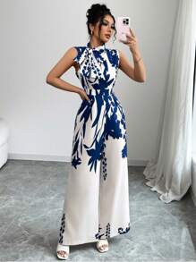 Chiquease 女士系带蝴蝶印花无袖连身裤 - 藍色 - 查看 4