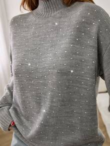 EURMUSE 女士银色配饰精致高领毛衣舒适套头衫 - 灰色 - 查看 5