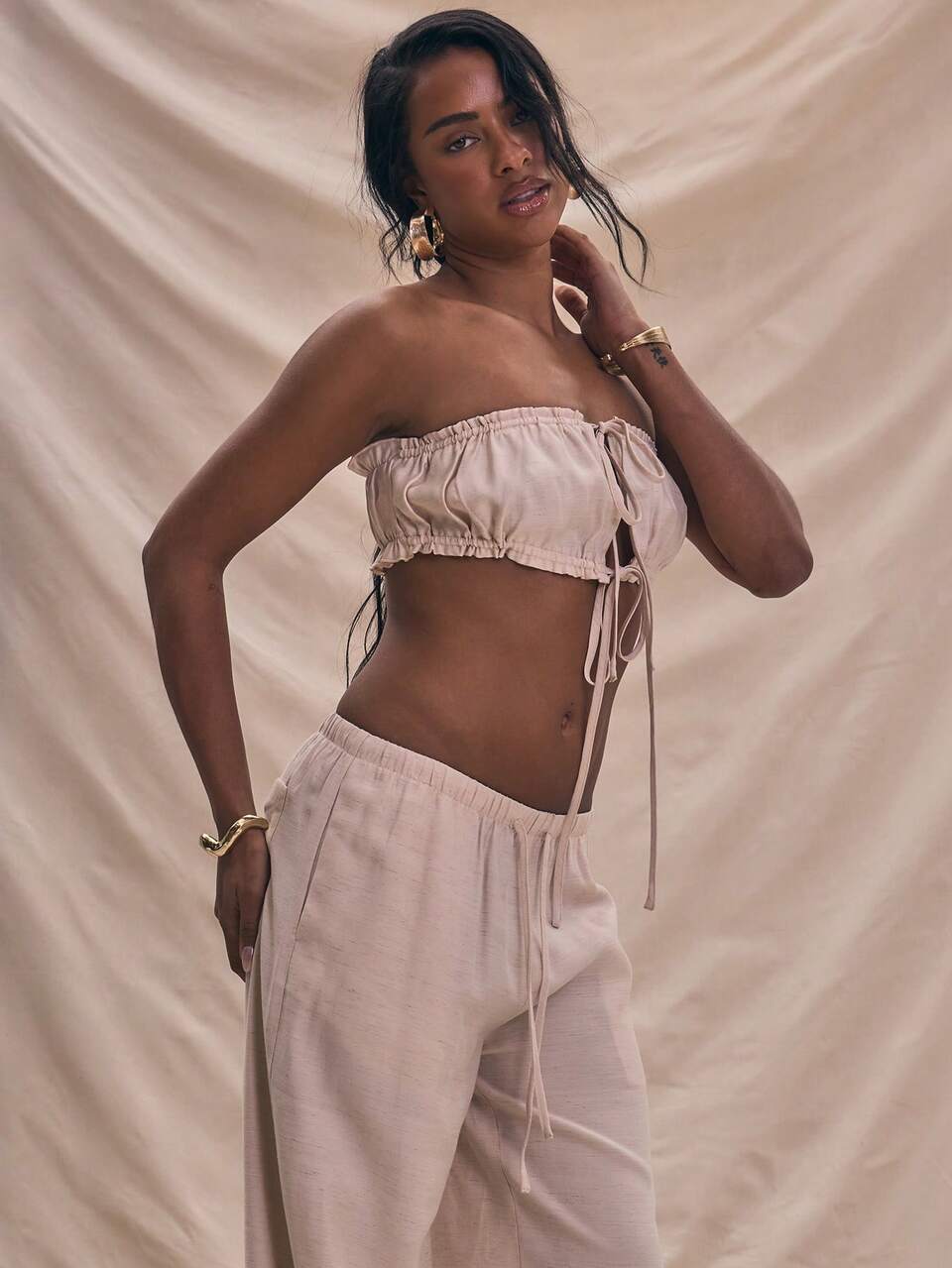 Linen Look Cross Over Tie Ruched Top Holiday Elegant Casual Summer Soft Serve Spring