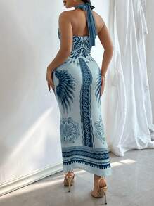 Chiquease Vestido elegante para mujer con escote halter, cintura anudada y abertura alta con estampado, para vacaciones - Azul - Ver 2