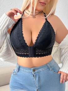 1pc Plus Size Front Hook Closure Hollow-Out Back Lace Wireless Lingerie Bra - Black - View 3