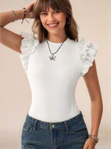 Wildy Vacation Outfits WomanWomen's Casual Solid Color Ruffle Trim Fitted Bodysuit - White - View 1