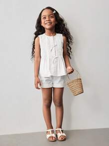 Maija Kids Maija Kids Girl Round Neck Woven Casual Tank Top With Bow Decor
