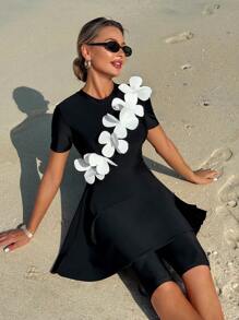 Swim Shayni 2pcs Set Elegant Beach Conservative Solid Color Small Round Neck Front Cutout Ruffled Hem Top And Solid Color 5 Inch Pants Burkini Swimwear For Summer Beach Vacation