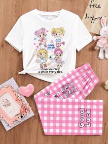 SHEIN Conjunto de pijama para niña preadolescente con camiseta de manga corta de cuello redondo con estampado gráfico de niña de dibujos animados y pantalones anchos, adecuado para el verano