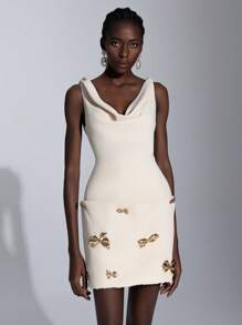 Elitara Elegant Glamorous Handmade Metal Flower Accent Bodycon Dress, Suitable For Parties And Galas, Party Dress, Wedding Guest Dress, For Cocktail - Yellow - View 1