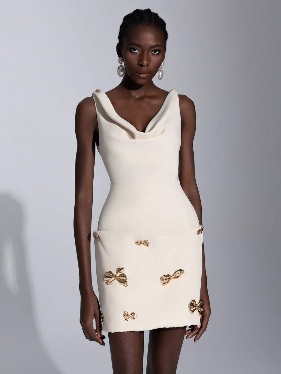Elitara Elegant Glamorous Handmade Metal Flower Accent Bodycon Dress, Suitable For Parties And Galas, Party Dress, Wedding Guest Dress, For Cocktail - Yellow - View 1
