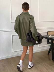 Siren Gaze 2pcs Women's Solid Color PU Leather Jacket With Pockets & Mini Skirt Set Winter Green Casual Christmas Spring