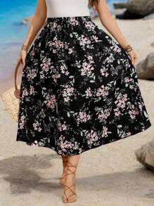 Breezaya Jupe ample en lin à taille haute et à motif floral épars pour femmes grandes tailles